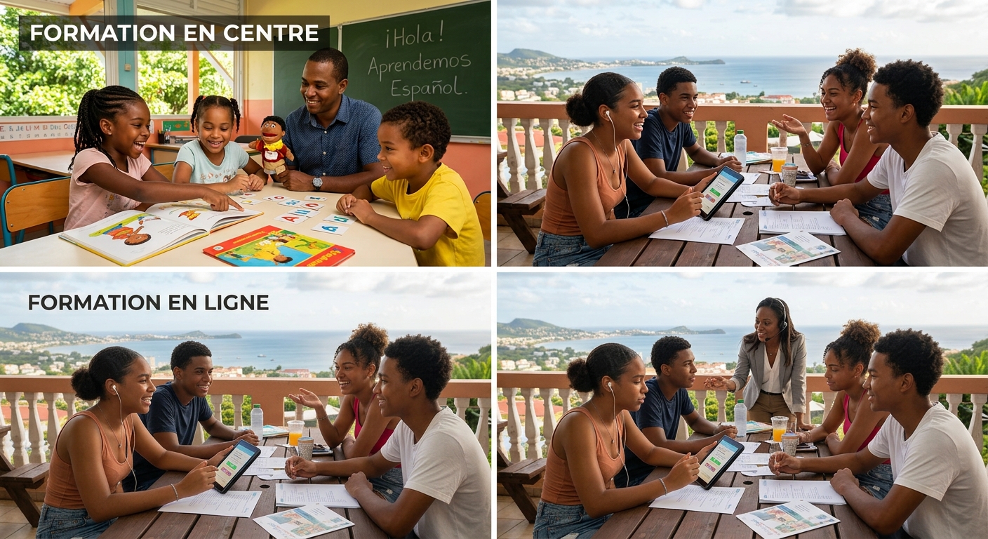 Illustration d'adolescents échangeant autour de documents et d'une tablette